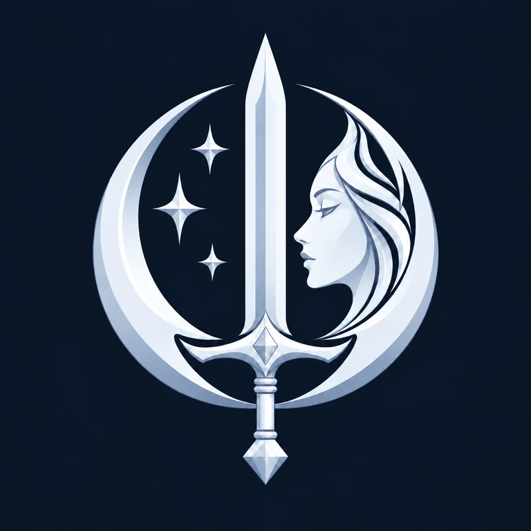 Silbernes Emblem mit Mond, Schwert, Göttinnenprofil rechts und drei Sternen links.
